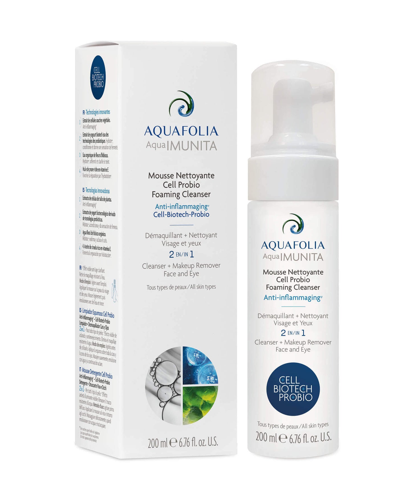 Aquafolia aquamunita anti-inflammatory foaming cleaner 2 in 1, cleanser, makeup remover face and neck, anti-wrinkle moisturizing and smoothing rejuvenator, lipid regeneration, dehydrated skin, Product image, box, bottle, white background