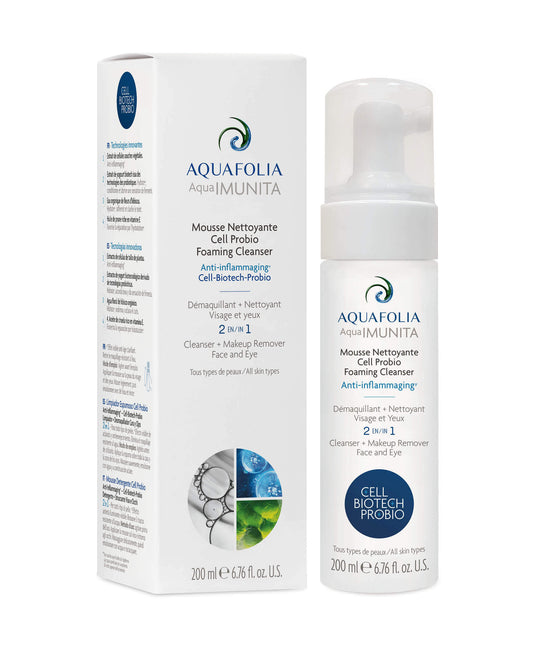 Aquafolia aquamunita anti-inflammatory foaming cleaner 2 in 1, cleanser, makeup remover face and neck, anti-wrinkle moisturizing and smoothing rejuvenator, lipid regeneration, dehydrated skin, Product image, box, bottle, white background