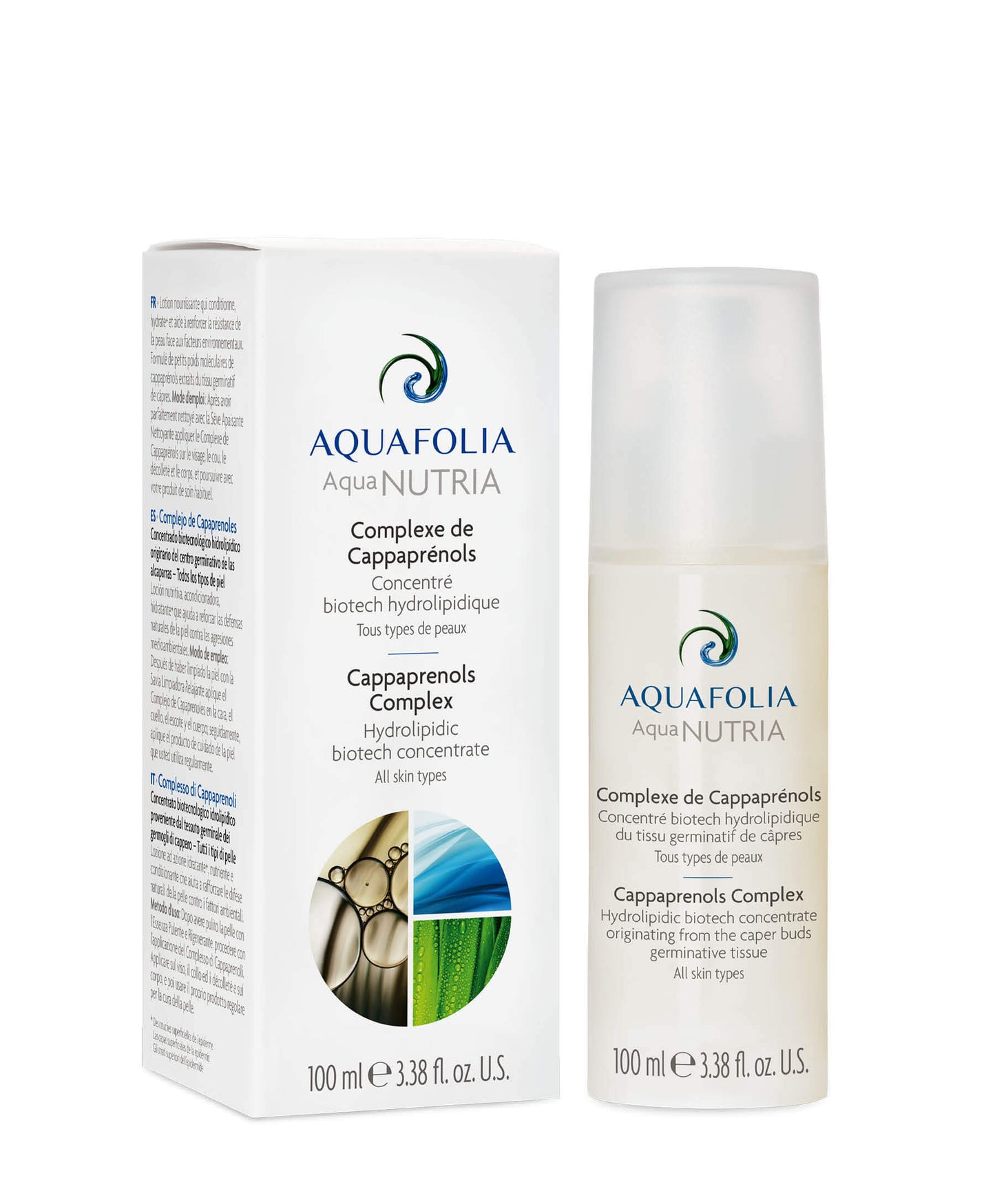 Aquafolia cappprenols complex hydrolipidic biotech concentrate 100ml, lipid regeneration, dehydrated skin, Product image, box, bottle, white background