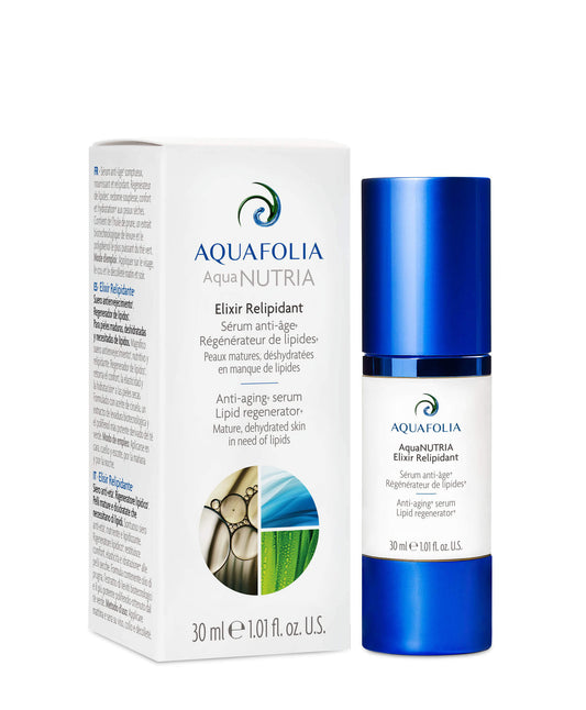Aquafolia anti-aging serum elixir, lipid regeneration, mzture, dehydrated skin, Product image, box, bottle, white background
