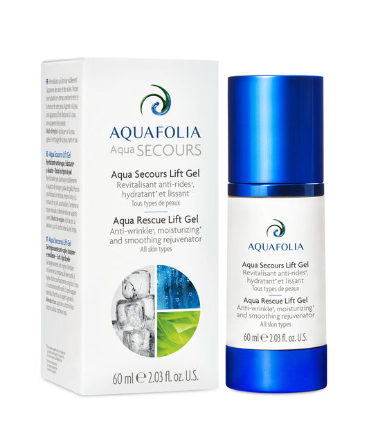 Aquafolia aqua rescue gel, anti-wrinkle moisturizing and smoothing rejuvenator, lipid regeneration, dehydrated skin, Product image, box, bottle, white background