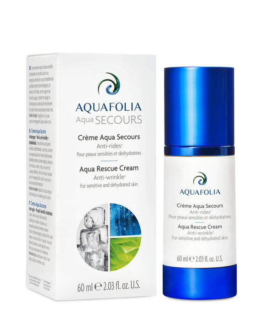 Aquafolia aqua rescue cream, anti-wrinkle moisturizing and smoothing rejuvenator, lipid regeneration, dehydrated skin, Product image, box, bottle, white background