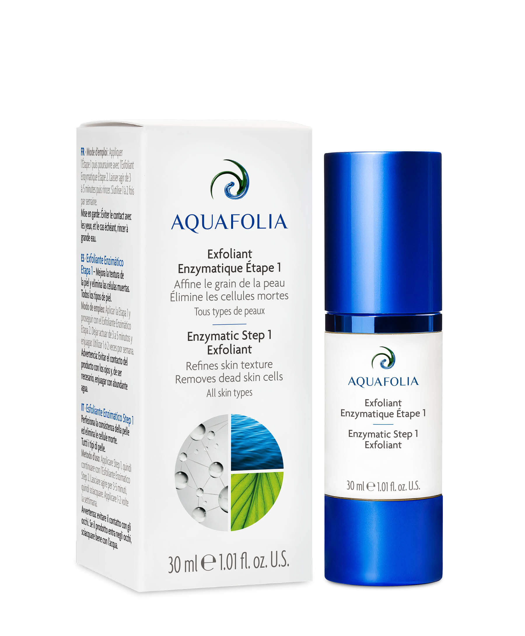 Aquafolia enzymatic Step-1 exfoliant, refines skin texture, removes dead skin cells, all skin types, lipid regeneration, dehydrated skin, Product image, box, bottle, white background
