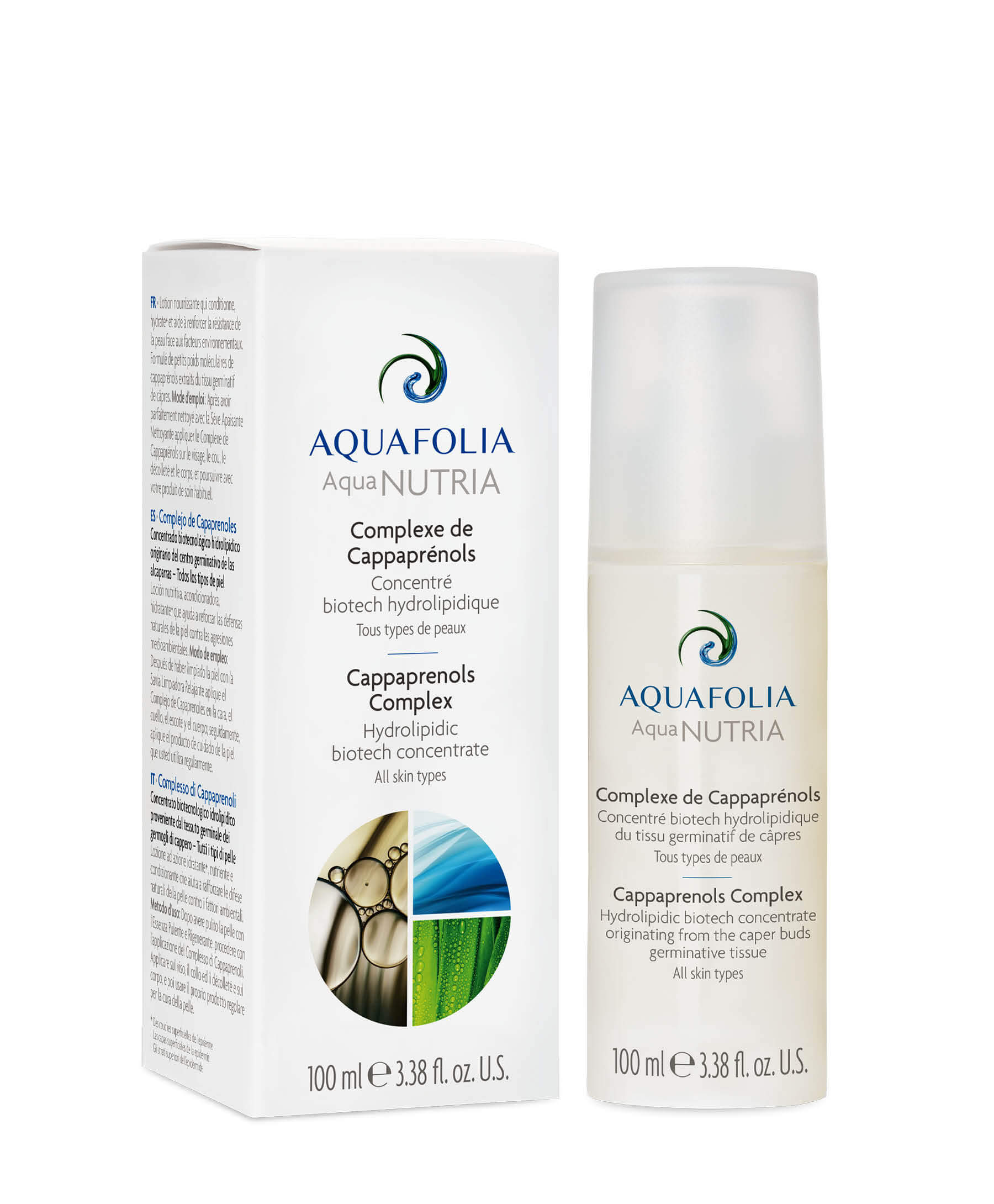 Aquafolia cappprenols complex hydrolipidic biotech concentrate 100ml, lipid regeneration, dehydrated skin, Product image, box, bottle, white background